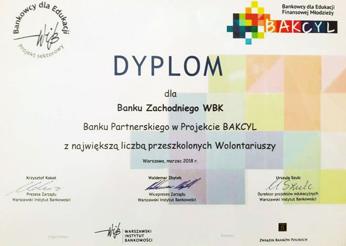 Dyplom dla banku BZW BK w Projekcie BAKCYL